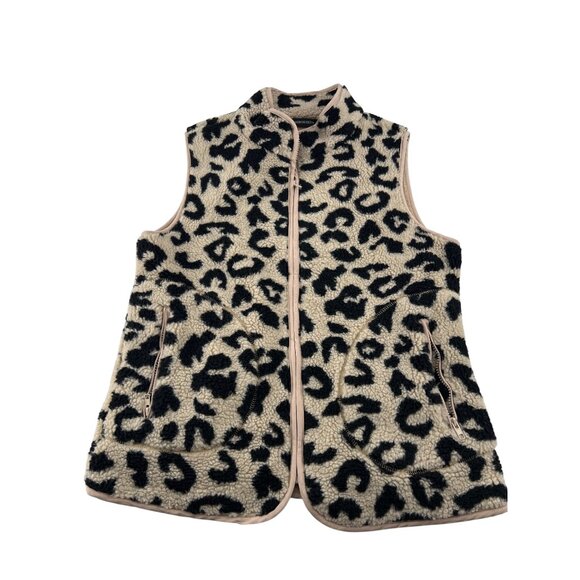 Merokeety Leopard Print Sherpa Fleece Vest Women's sz Medium Sleeveless Jacket - Picture 1 of 7